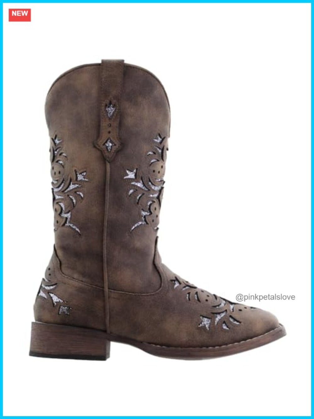 ROPER Womens Kennedy Glitter Tooled Inlay Square Toe Pull On Mid Calf Boots